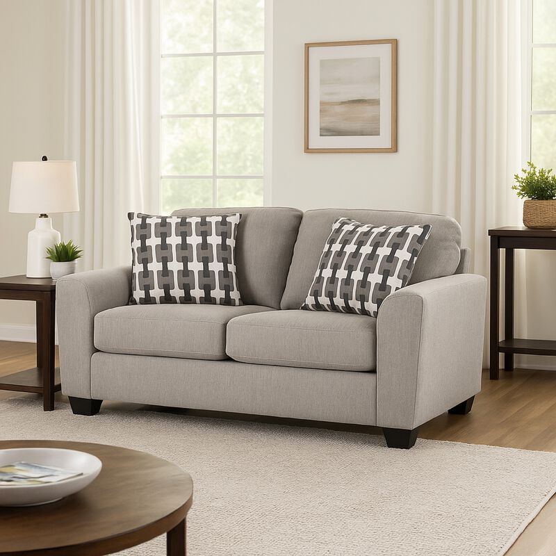 Delaney Loveseat, Flannel Gray Polyester, 2 Throw Pillows, 71 Inch