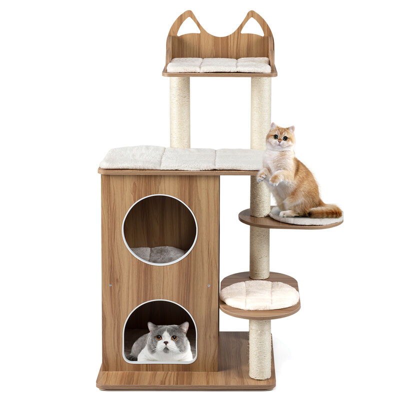 Wooden Cat Tree with 2 Level Condo and Removable Washable Cushions-Natural image number 0