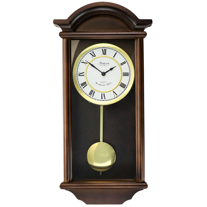 Bedford Clock Collection George 22 Inch Chestnut Wood Chiming Pendulum Wall Clock
