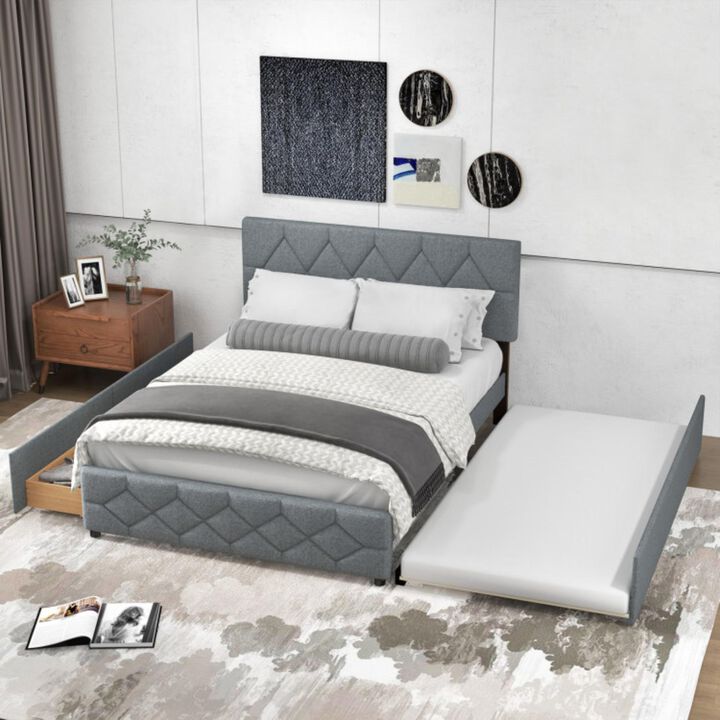 Hivvago Queen Upholstered Platform Bed with Trundle and 2 Drawers No Box Spring Needed Noise Free