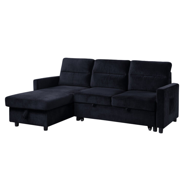 Ivy Black Velvet Reversible Sleeper Sectional Sofa with Storage Chaise and Side Pocket