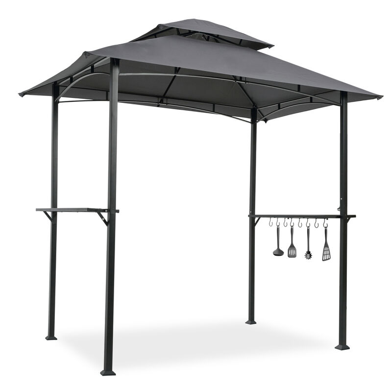 Outdoor Grill Gazebo 8 x 5 Ft, Shelter Tent, Double Tier Soft Top Canopy and Steel Frame with hook and Bar Counters, Grey image number 1