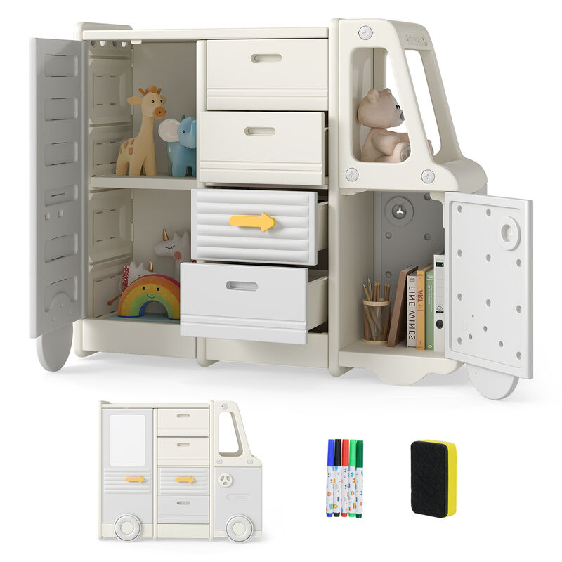 Bus Shaped Kids Toy Storage Cabinet with 4 Pull Out Drawers and Handles image number 3