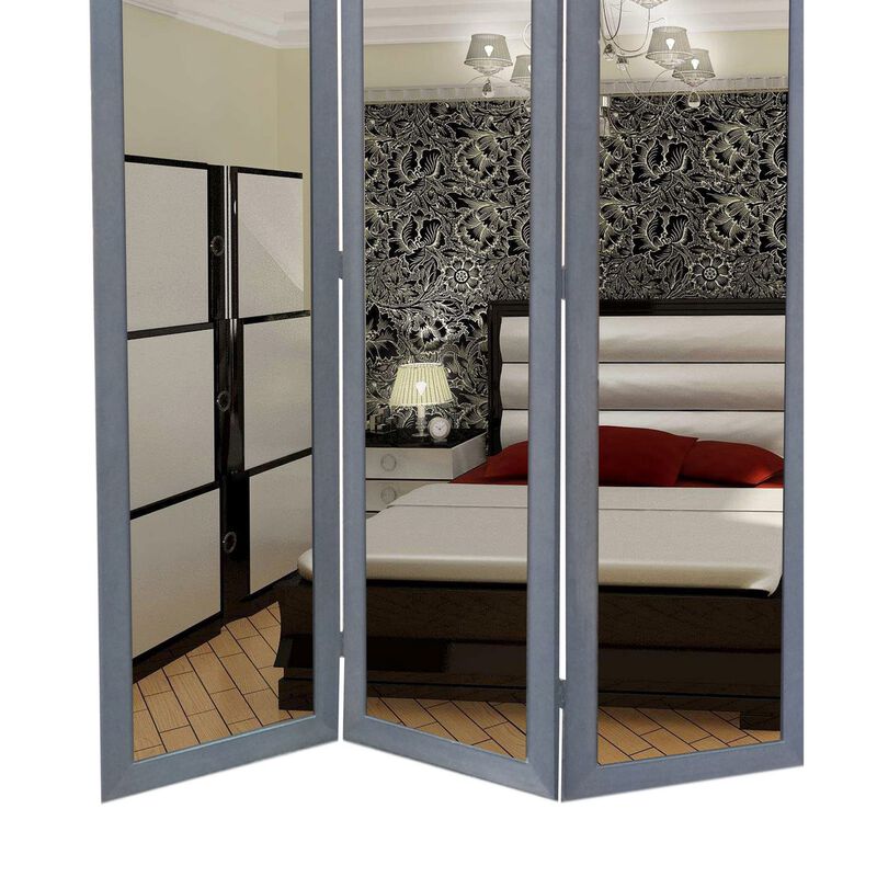 3 Panel Wooden Foldable Mirror Encasing Room Divider,Light Gray and Silver - Benzara
