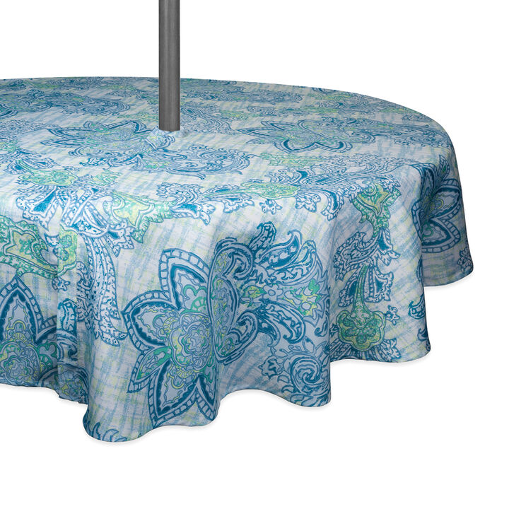 60" Zippered Round Outdoor Tablecloth with Blue Watercolor Paisley Print Design