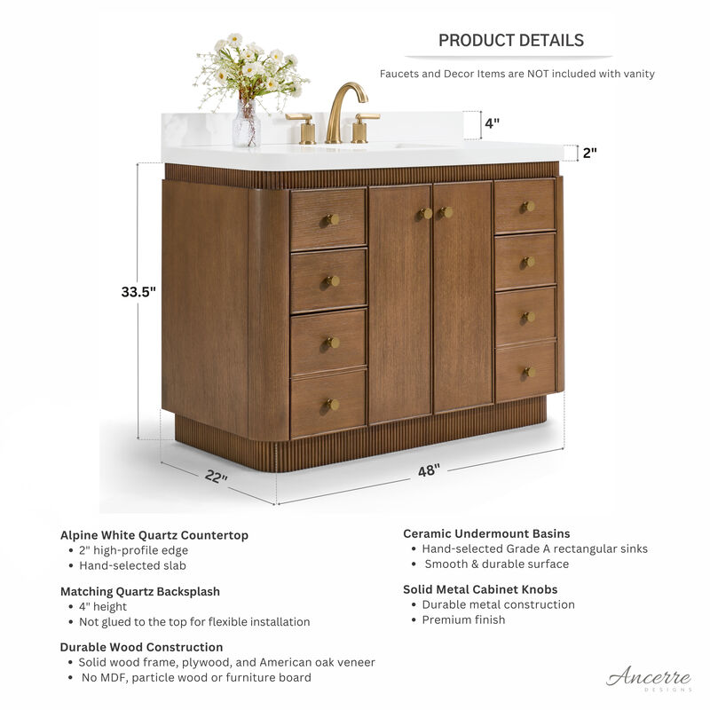Aston 48 inch Bath Vanity Set in Chestnut Oak Finish with Alpine White Quartz Top image number 1