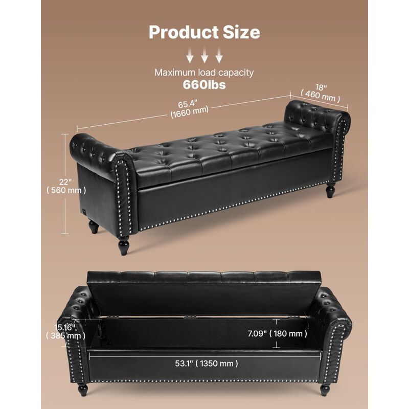 Tufted Storage Ottoman Bench with PU Leather Upholstery and Wood Legs image number 2