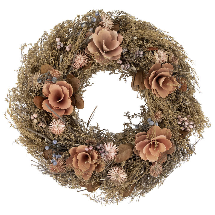 Orange and Coral Pink Twig and Floral Autumn Harvest Wreath  13.75-Inch  Unlit