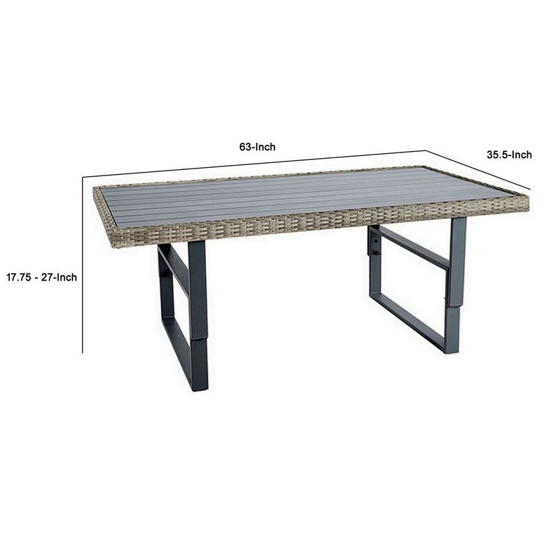 Foca 63 Inch Outdoor Rectangular Dining Table, Adjustable Height, Wicker