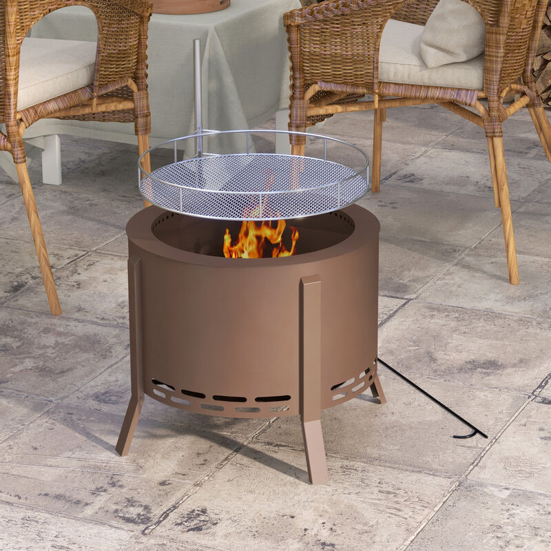 Outsunny 2-in-1 Smokeless Fire Pit, BBQ Grill, 19" Portable Wood Burning Firepit with Cooking Grate and Poker, Low Smoke Camping Bonfire Stove for Backyard Patio Picnic, Steel, Bronze