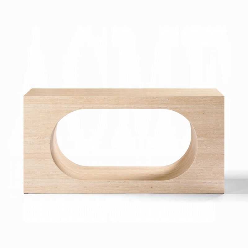 Pia Console Table, Oval Cutout Center, Beige Travertine Stone 59 Inch image number 2