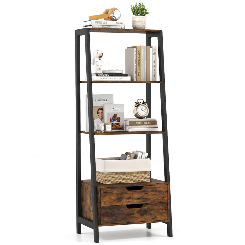 4-Tier Ladder Shelf with 2 Drawers, Freestanding Bookcase for Home or Office