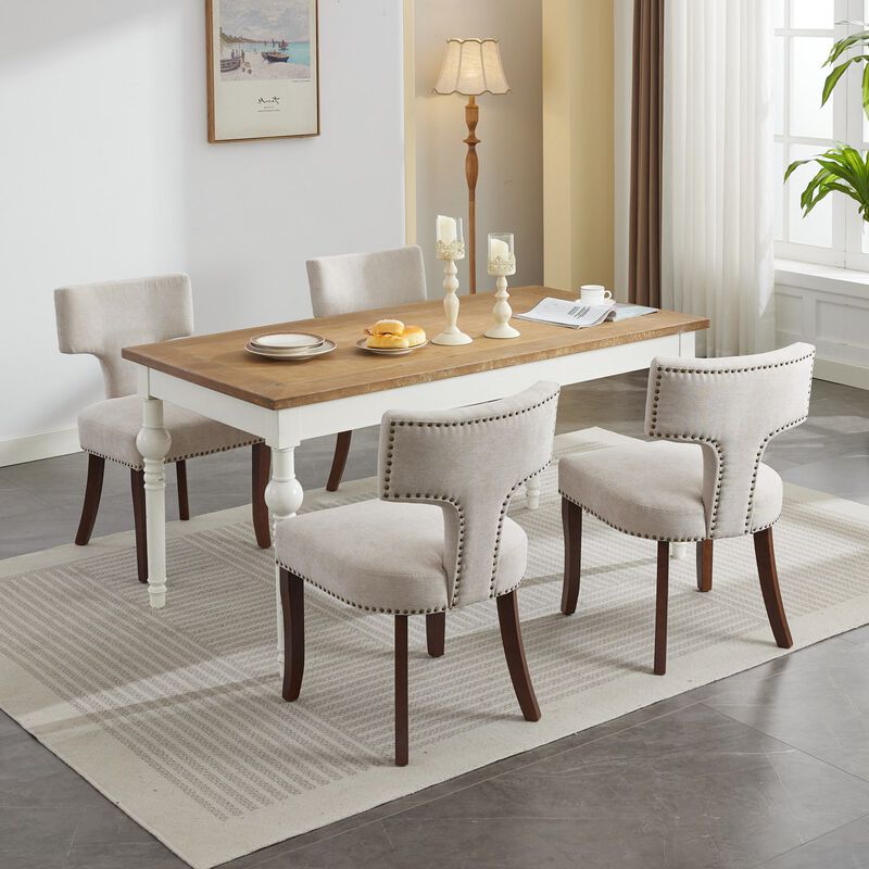 Whisen Set of 2 Mid Century Modern Dining Chairs, Linen Upholstered Curved Back Accent Chairs with Hardwood Frame & Copper Nails for Kitchen image number 2