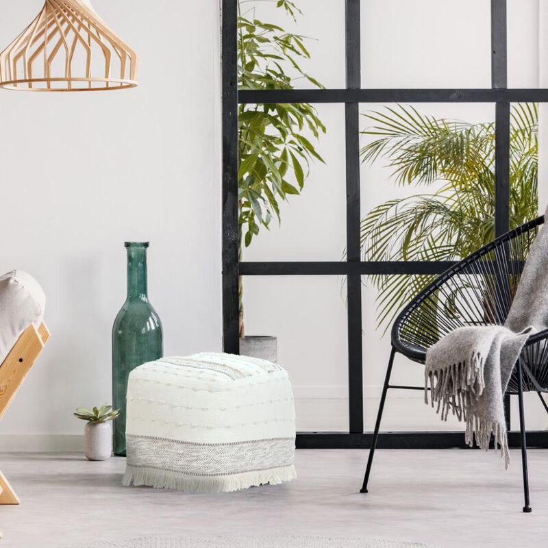 Hivvago 18 Inch Cream Cotton Striped Pouf Ottoman