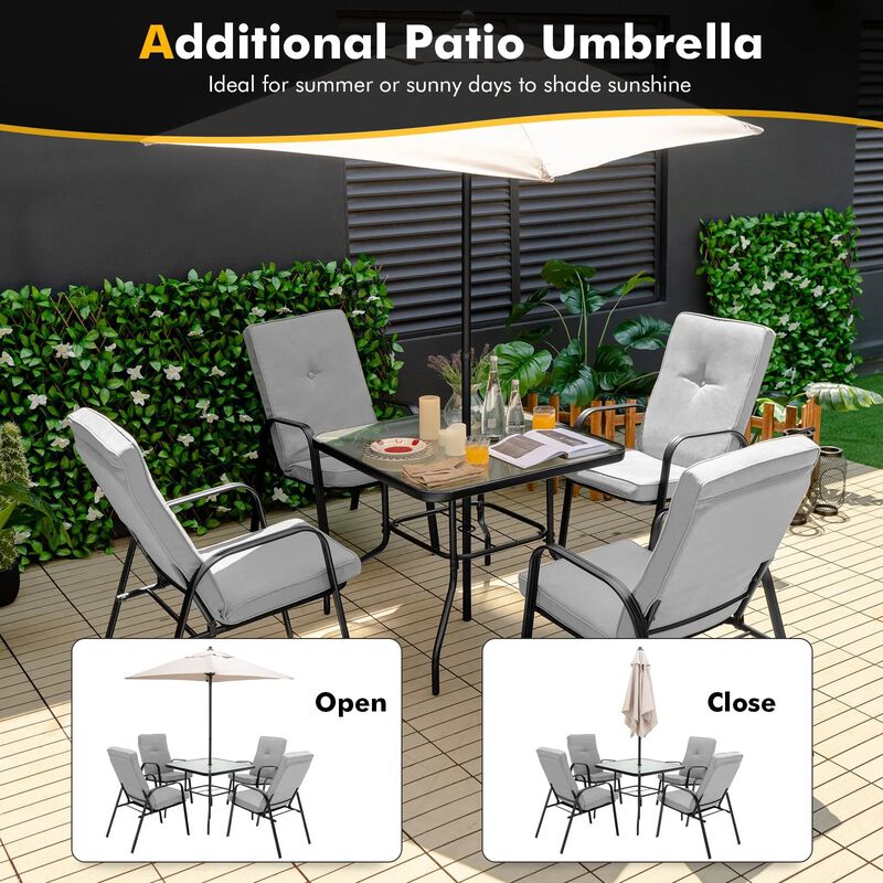 Mondawe 6Pcs Outdoor Dining Set,Square Glass Table W/ Sun-Protective Umbrella & 4 Stackable Chairs