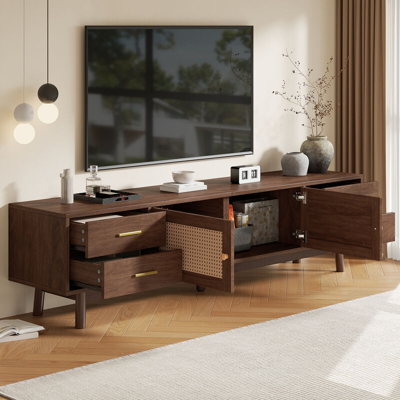 Merax Rattan TV Cabinet with Ample Storage, 2 Drawers, Cable Management, Sturdy Wood Legs image number 2