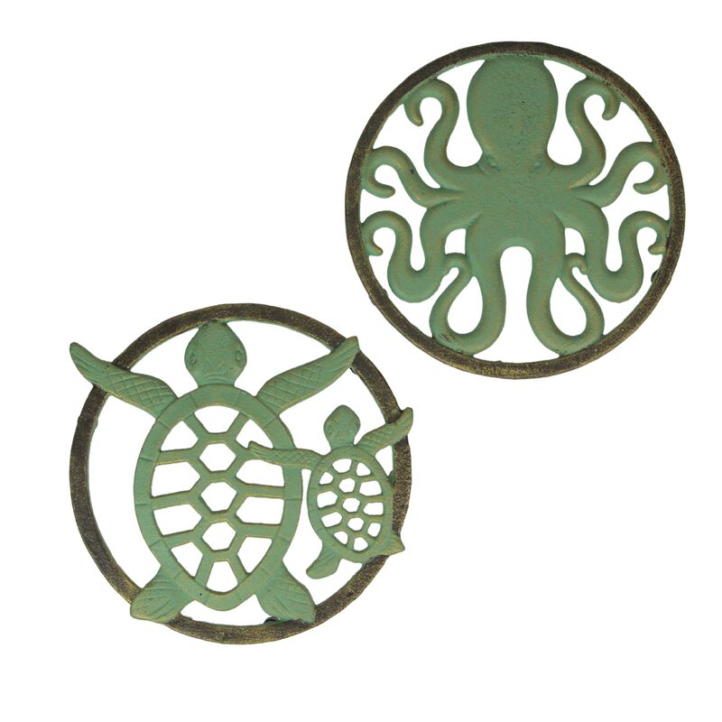 Cast Iron Trivet Set: Nautical Octopus & Sea Turtle Design, Verdigris Finish image number 0