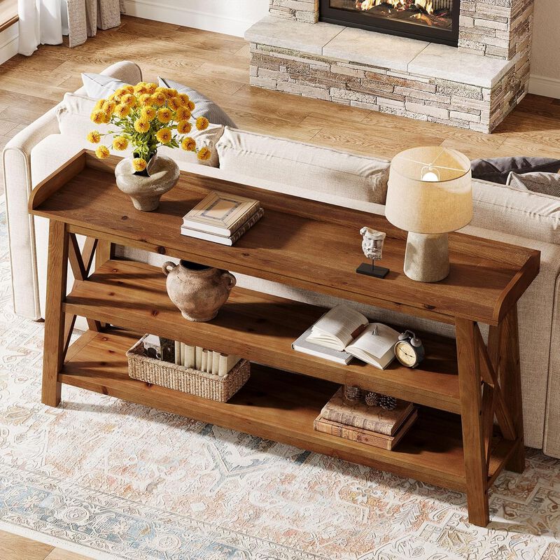 Farmhouse Solid Wood Sofa Console Table with 3-Tier Shelves-Vintage Brown image number 6