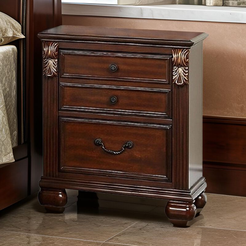 Miri 25 Inch 3 Drawer Nightstand, Brass Carved Accents, Cherry Oak Brown-Benzara