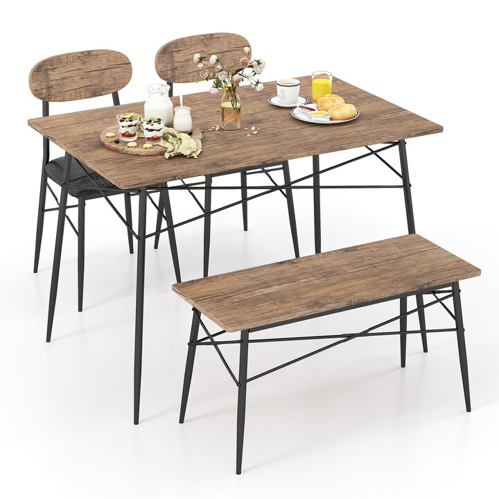 4 Piece Dining Table Set with Bench and 2 Chairs-Brown