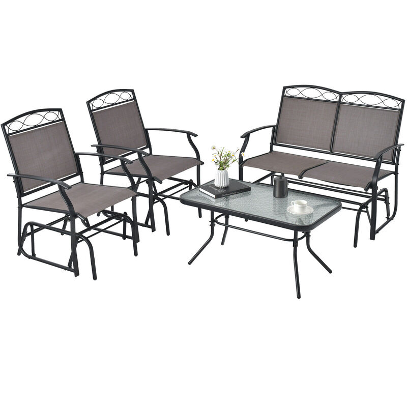 4 Piece Patio Glider Conversation Set with Tempered Glass Table Top