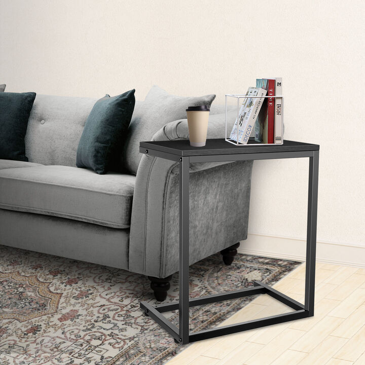 C Shaped Sofa Side End Table with Hardwood Surface, 13.75" D x 21.75" W x 27" H, Black