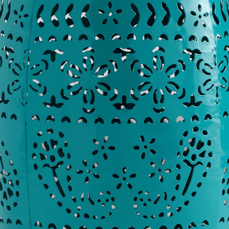Outdoor Garden Stool Side Table, Lace-Cut 12 Inch Top, Teal Iron - Benzara