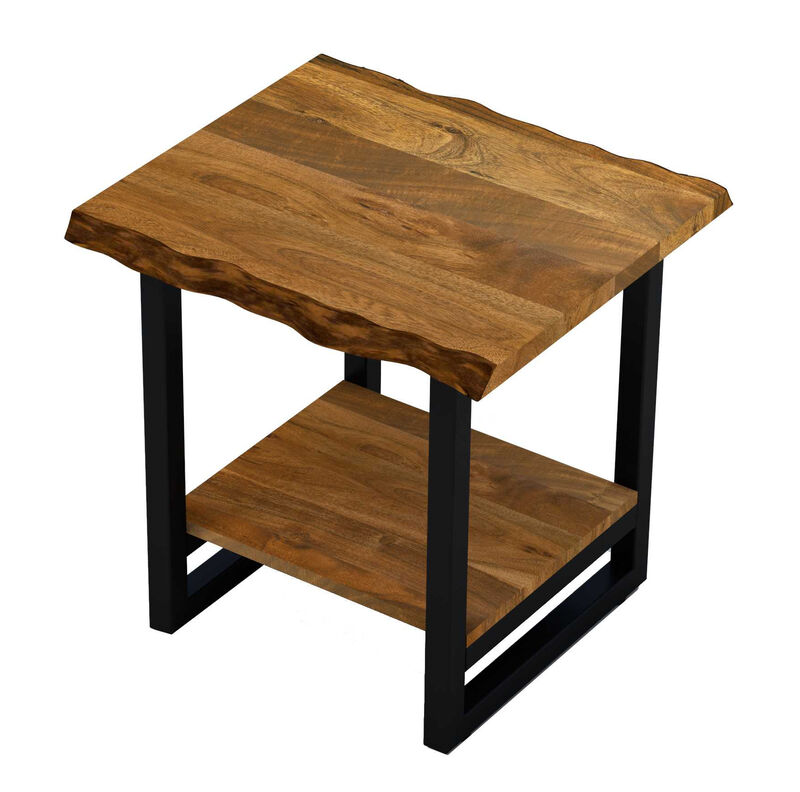 Modern Industrial End Table &ndash; Solid Wood Top with Open Metal Shelf