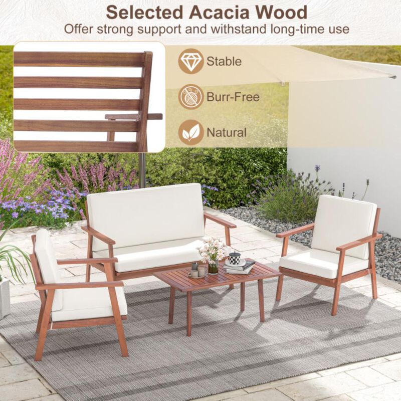 Hivvago 4 Piece Outdoor Acacia Wood Conversation Set with Soft Seat and Back Cushions