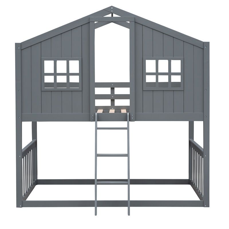 Whisen 79.5"x41.1" House Bunk Bed, Solid Wood Twin Over Twin for Kids Bedroom image number 0