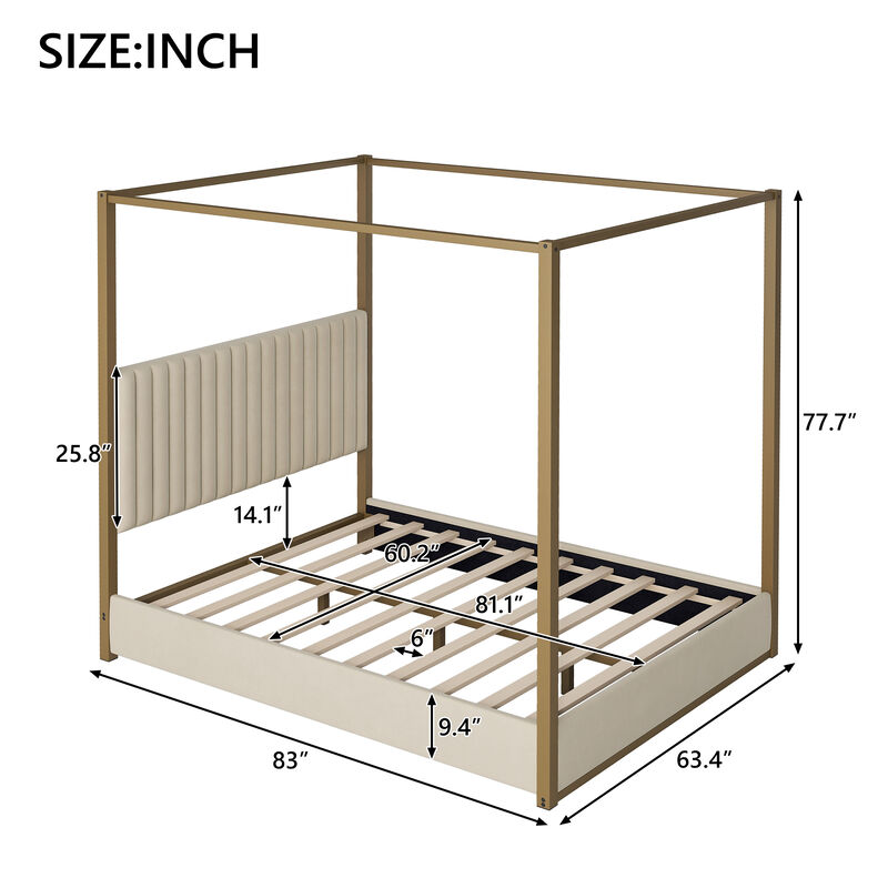 Whisen Queen Size Upholstery Canopy Platform Bed with Headboard and Metal Frame