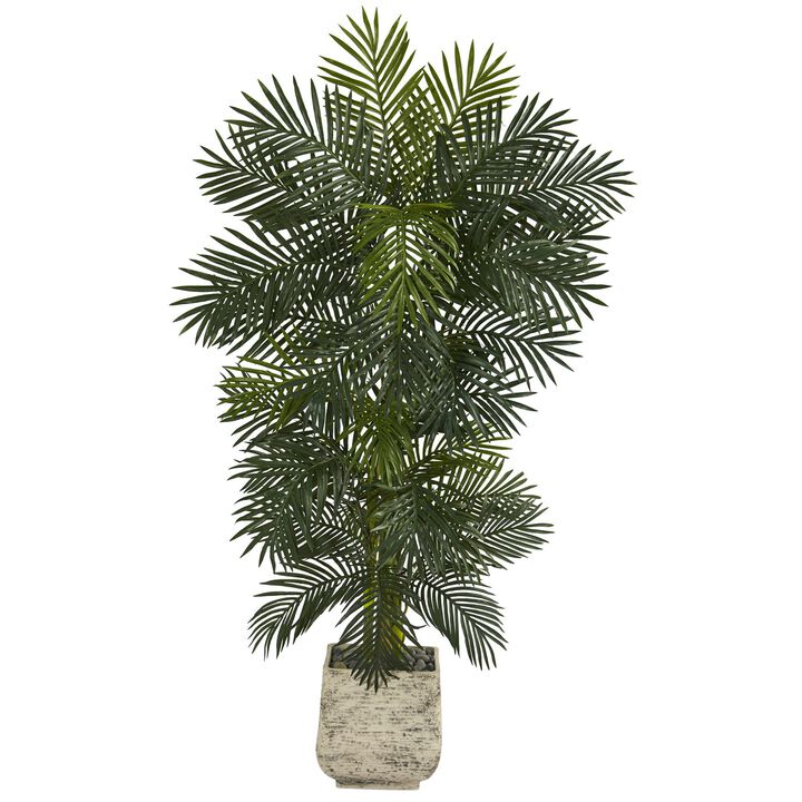 Nearly Natural 6.5-in Golden Cane Artificial Palm Tree in White Planter