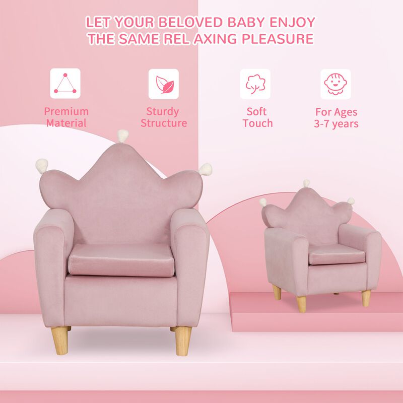 Kids Sofa, Single Lounger Armchair for Children with Strong Frame, Cute Pink Crown Throne for Relaxing, Watching TV, Studying