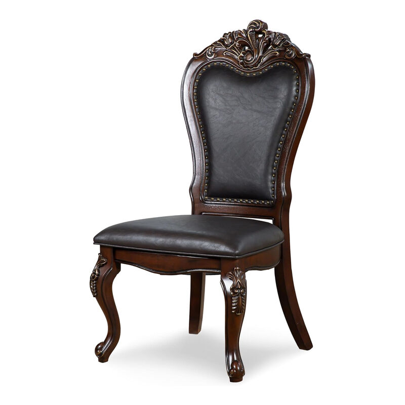 Zenie 7pc Dining Set, Classy Cherry Brown Wood Table, 6 Carved Chairs - Benzara image number 2