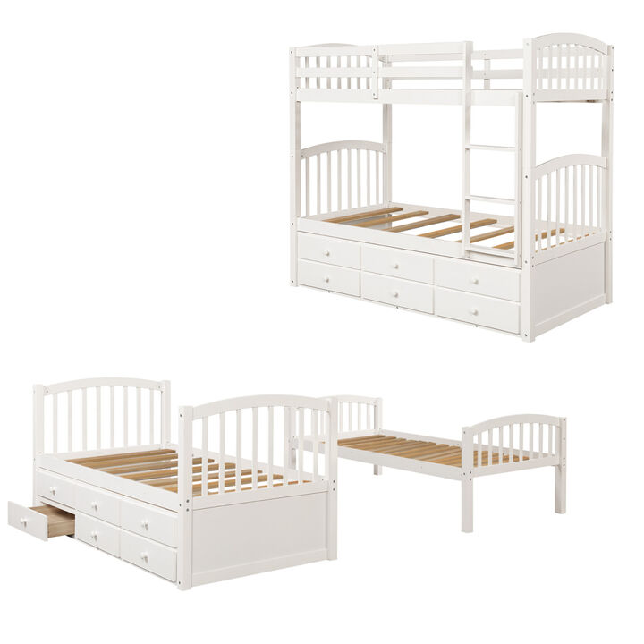 Twin Bunk Bed with Ladder, Safety Rail, Twin Trundle Bed with 3 Drawers for Teens Bedroom, Guest Room Furniture(White)