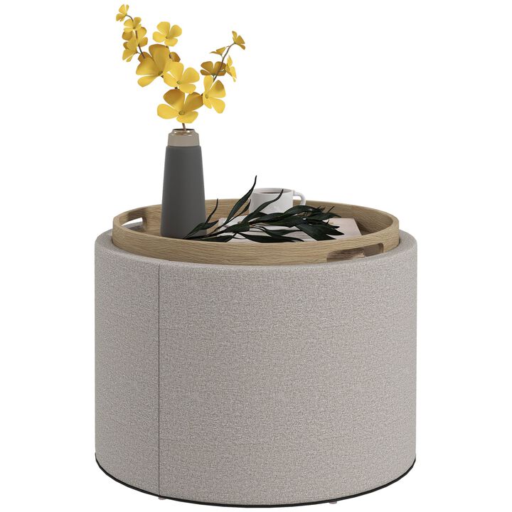 Gray Linen Round Ottoman: Flip-Top Tray, Hidden Storage
