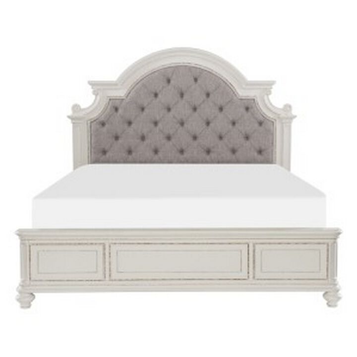 Desha Queen Bed, Button Tufted Headboard with Curve Details, Antique White