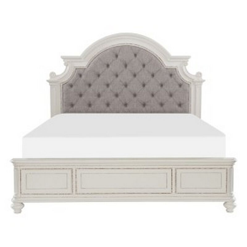Desha Queen Bed, Button Tufted Headboard with Curve Details, Antique White