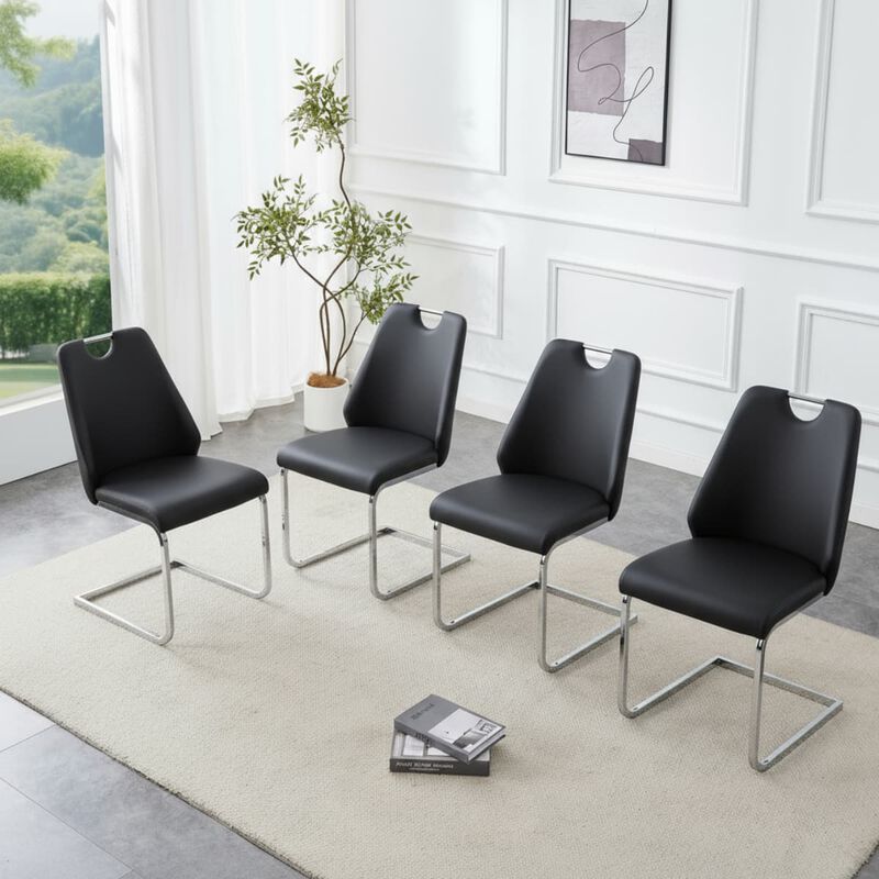 Set of 4 PU leather dining chairs rectangular high back solid back dining chair with pull ring modern kitchen dining chairs wipe clean image number 3