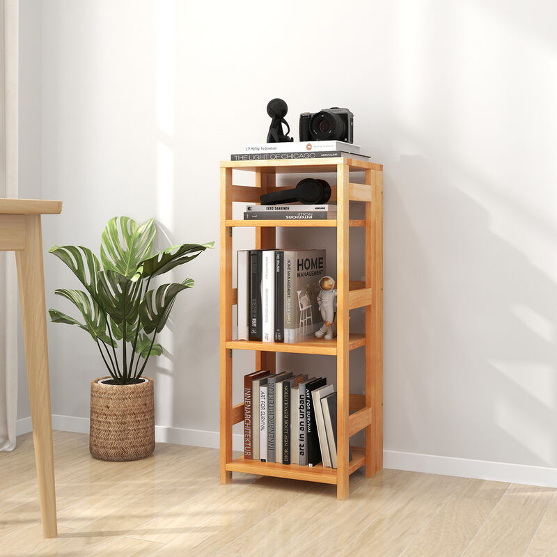 4-Tier Bookshelf Rubber Wood Bookcase with Side Fences for Living Room