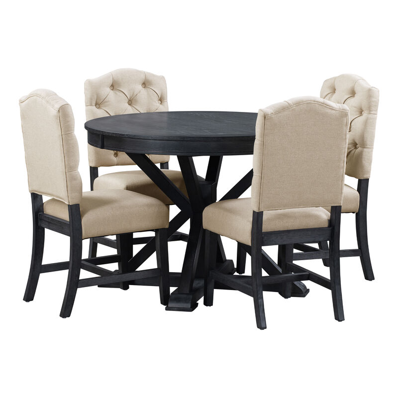 Whisen Retro Style Dining Table Set with Extendable Table and 4 Upholstered Chairs - Off-white
