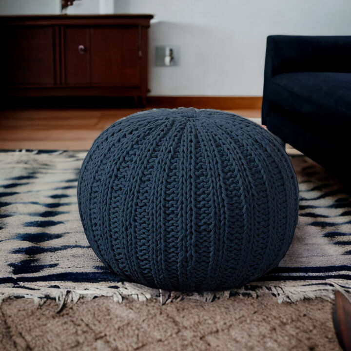 Hivvago 20 Inch Blue Cotton Round Pouf Ottoman