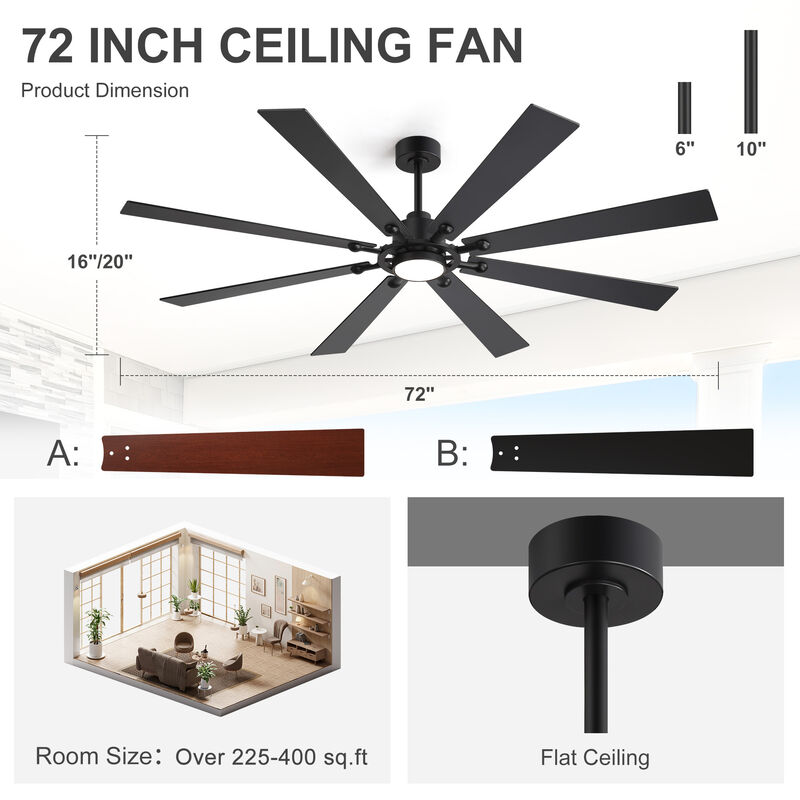 Breezary 72" Ceiling Fan with Light and Remote Control, 8 Blade, 6 Speed image number 5