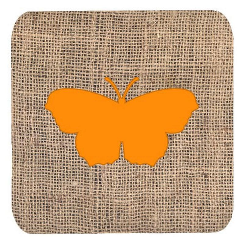 Caroline's Treasures BB1049-BL-OR-FC Butterfly Burlap and Orange Foam Coasters (Set of 4), 3.5 H x 3.5 W, Multicolor