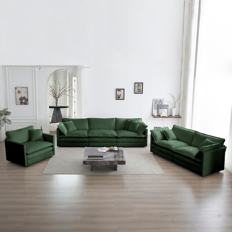 Modern 3-Piece Extra Deep Sectional Sofa Set, Green Chenille Oversized Couch with 3-Seat, Loveseat & Single Chair