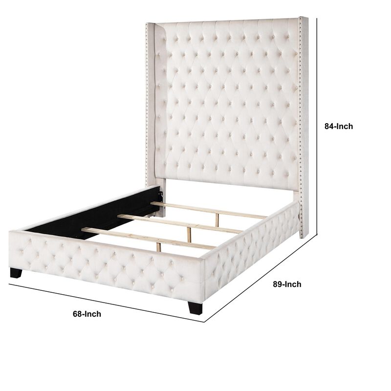 Daisy Wood Modern Queen Size Bed, Wingback, Button Tufted, Beige Velvet