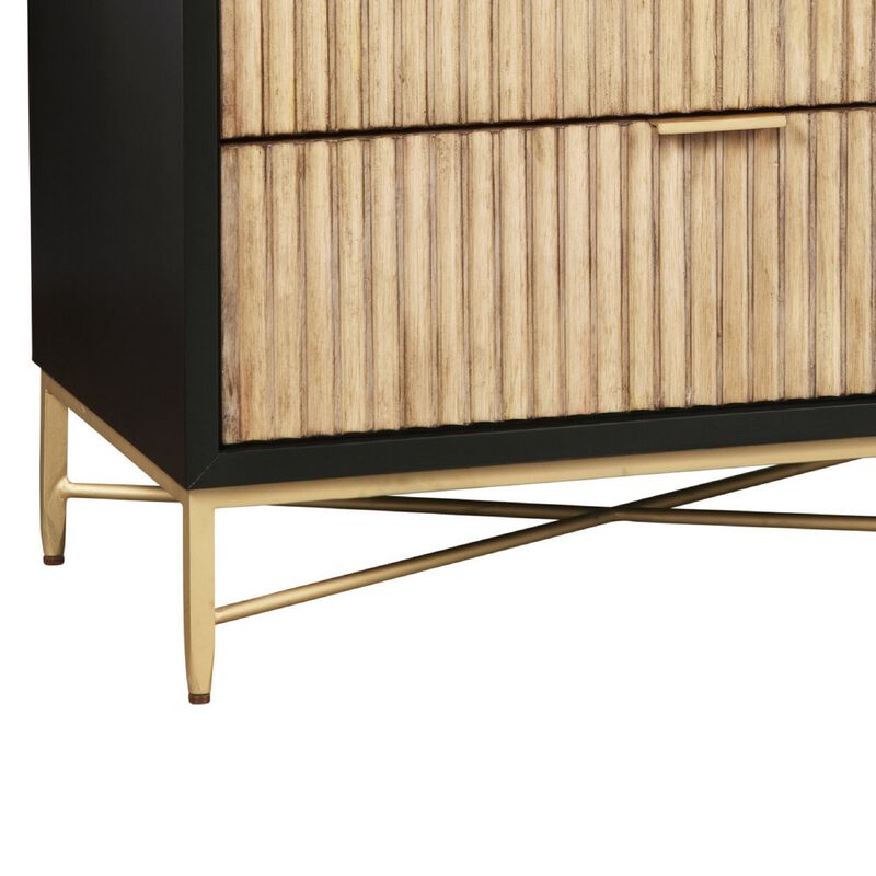 Accent Chest with 3 Corrugated Drawers and Metal Base, Black-Benzara image number 4