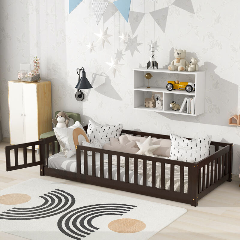 Whisen Twin Size Rubber Wood Floor Bed with Safety Guardrails & Door, Kids Bed image number 2