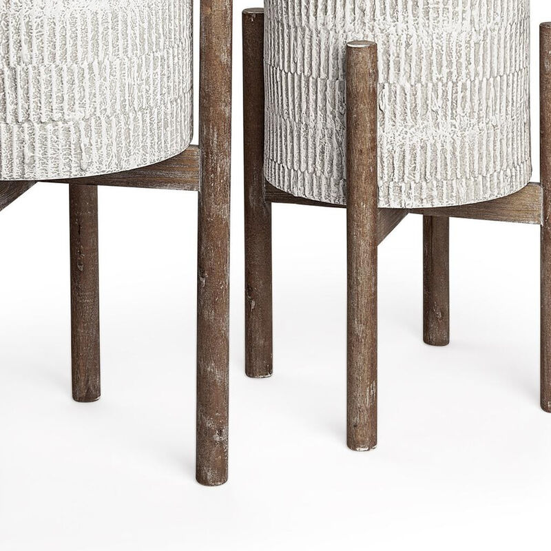 HomeRoots Set of Two Cream And Brown Ceramic And Wood Round Elevated Planters image number 5