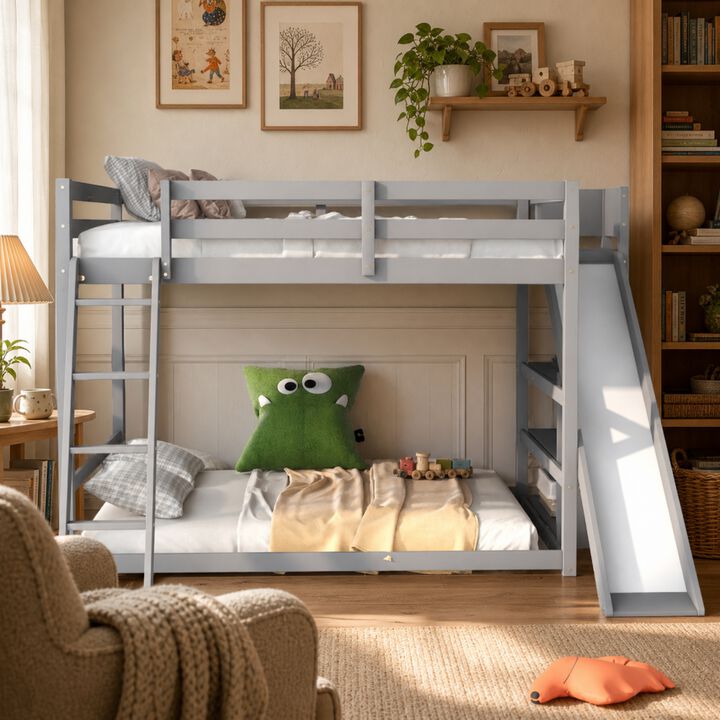 Whisen Full over Full Bunk Bed with Slide & Shelves, Solid Pine for Kids Bedroom